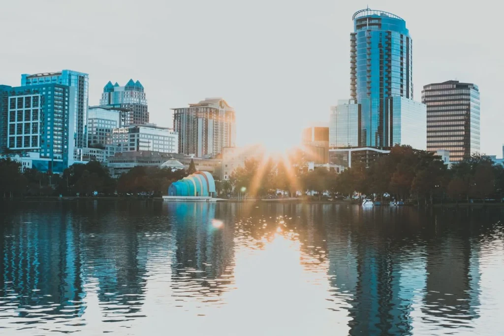 Downtown Orlando skyline beside Lake Eola
